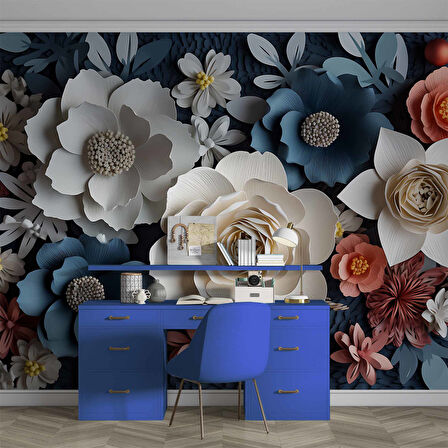 3 Boyutlu Mavi Beyaz Çiçek Desenli Duvar Kağıdı