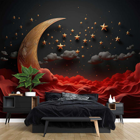 3 Boyutlu Siyah Kabartma Ay ve Yıldız Desenli Duvar Kağıdı