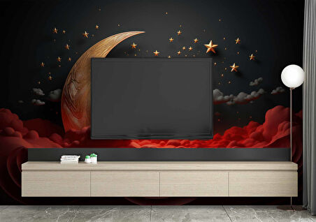 3 Boyutlu Siyah Kabartma Ay ve Yıldız Desenli Duvar Kağıdı