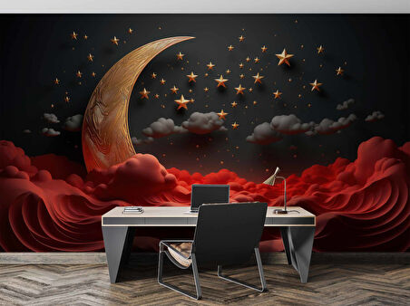 3 Boyutlu Siyah Kabartma Ay ve Yıldız Desenli Duvar Kağıdı