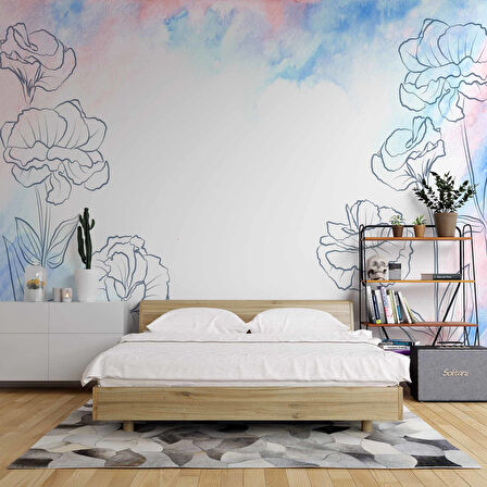 Mavi Pembe Soft Suluboya Çiçek Duvar Kağıdı