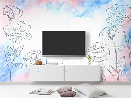 Mavi Pembe Soft Suluboya Çiçek Duvar Kağıdı