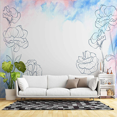 Mavi Pembe Soft Suluboya Çiçek Duvar Kağıdı