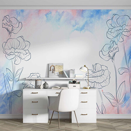 Mavi Pembe Soft Suluboya Çiçek Duvar Kağıdı