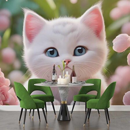 Beyaz Sevimli Kedi Desenli Duvar Kağıdı