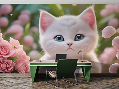 Beyaz Sevimli Kedi Desenli Duvar Kağıdı