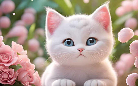 Beyaz Sevimli Kedi Desenli Duvar Kağıdı