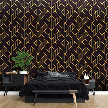 3 Boyutlu Koyu Siyah Geometri Altın Desenli Duvar Kağıdı