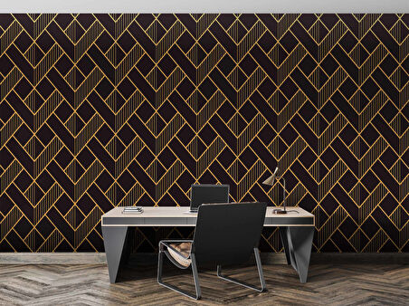 3 Boyutlu Koyu Siyah Geometri Altın Desenli Duvar Kağıdı