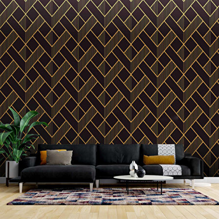 3 Boyutlu Koyu Siyah Geometri Altın Desenli Duvar Kağıdı