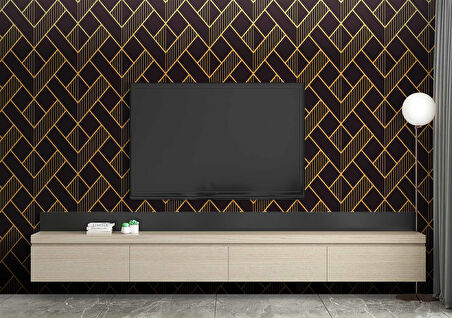 3 Boyutlu Koyu Siyah Geometri Altın Desenli Duvar Kağıdı