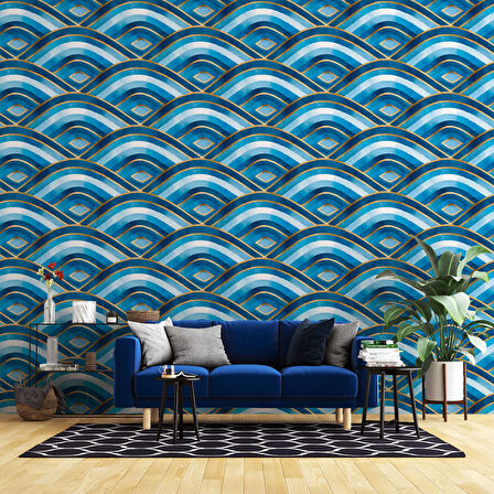 Mavi Dalgalı Suluboya Desenli Duvar Kağıdı