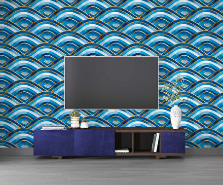 Mavi Dalgalı Suluboya Desenli Duvar Kağıdı