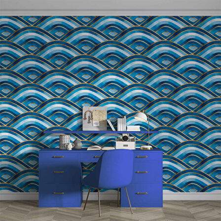 Mavi Dalgalı Suluboya Desenli Duvar Kağıdı