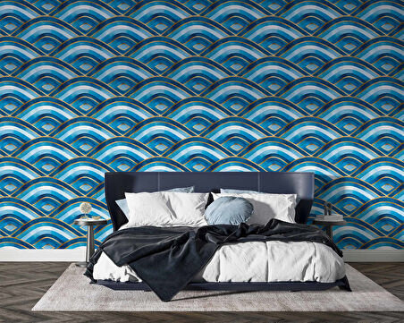 Mavi Dalgalı Suluboya Desenli Duvar Kağıdı