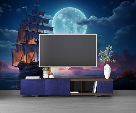 Gece Ay Deniz Korsan Gemisi Manzaralı Duvar Kağıdı