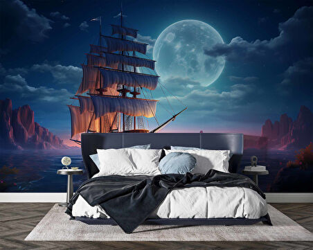 Gece Ay Deniz Korsan Gemisi Manzaralı Duvar Kağıdı