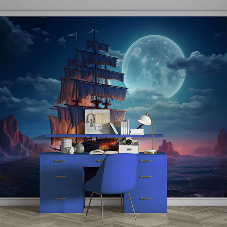 Gece Ay Deniz Korsan Gemisi Manzaralı Duvar Kağıdı