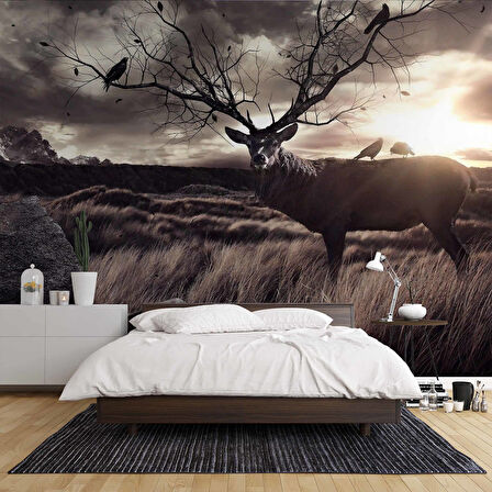 Gün Batımı Geyik ve Kuş Temalı Duvar Kağıdı