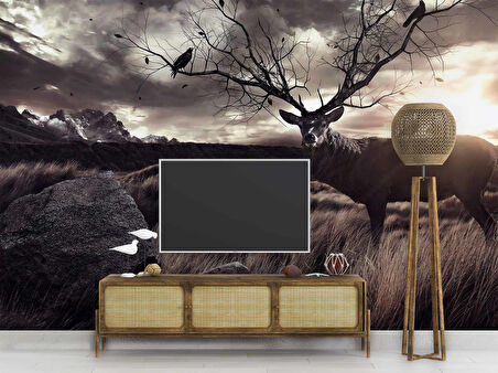 Gün Batımı Geyik ve Kuş Temalı Duvar Kağıdı