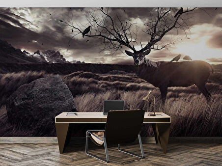 Gün Batımı Geyik ve Kuş Temalı Duvar Kağıdı