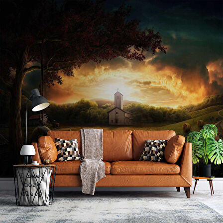 Gün Batımı Salıncak ve Ayçiçeği Temalı Duvar Kağıdı