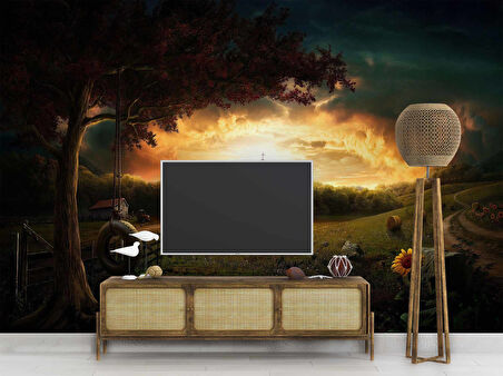 Gün Batımı Salıncak ve Ayçiçeği Temalı Duvar Kağıdı