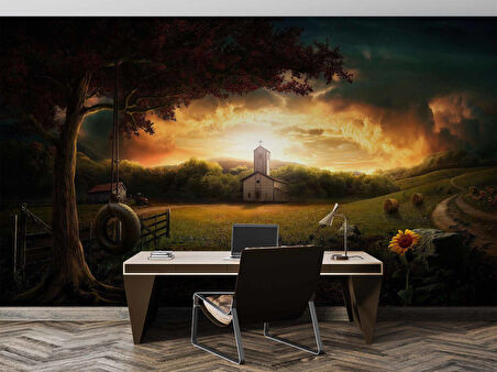 Gün Batımı Salıncak ve Ayçiçeği Temalı Duvar Kağıdı