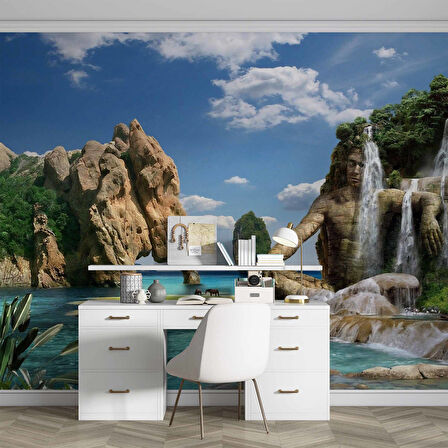 Deniz Manzaralı İnsan ve Fil Silüet Temalı Duvar Kağıdı