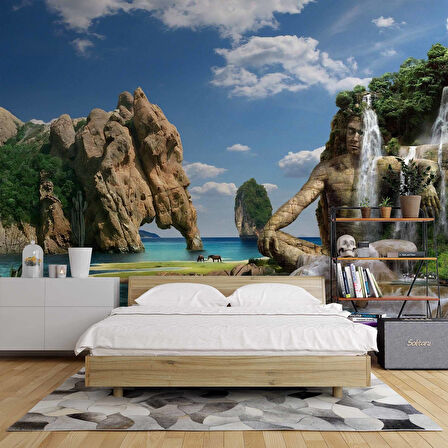 Deniz Manzaralı İnsan ve Fil Silüet Temalı Duvar Kağıdı