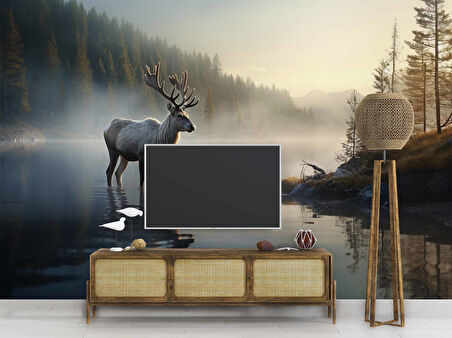 Göl Üzerinde Geyik Manzaralı Duvar Kağıdı