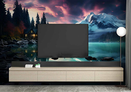 Göl Orman ve Karlı Dağ Manzaralı Duvar Kağıdı