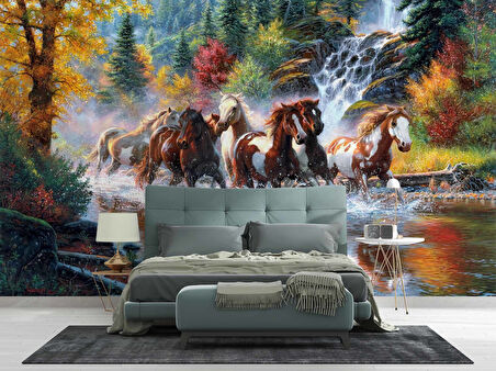 Nehir Üzerinde Atların Koşma Manzaralı Duvar Kağıdı