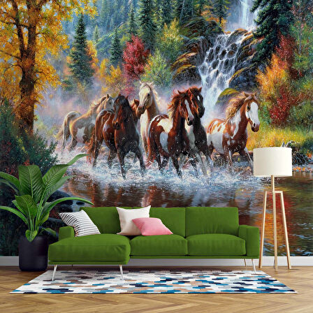 Nehir Üzerinde Atların Koşma Manzaralı Duvar Kağıdı