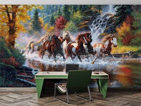 Nehir Üzerinde Atların Koşma Manzaralı Duvar Kağıdı