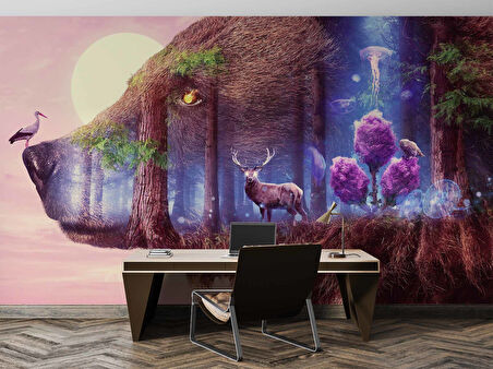 Ayı ve Ay Çizim Temalı Duvar Kağıdı