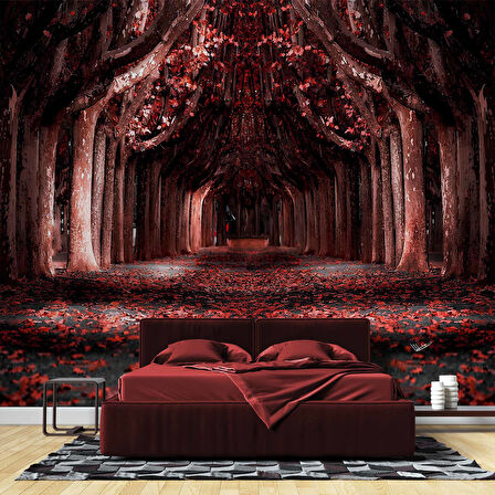 Kırmızı Yapraklı Orman Yolu Manzaralı Duvar Kağıdı