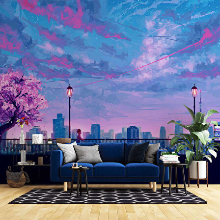 Dinlendirici Pembe Ağaç şehir çizimi Duvar Kağıdı