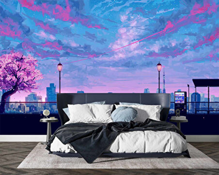 Dinlendirici Pembe Ağaç şehir çizimi Duvar Kağıdı