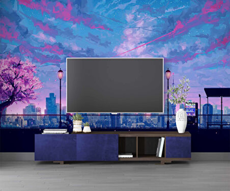 Dinlendirici Pembe Ağaç şehir çizimi Duvar Kağıdı