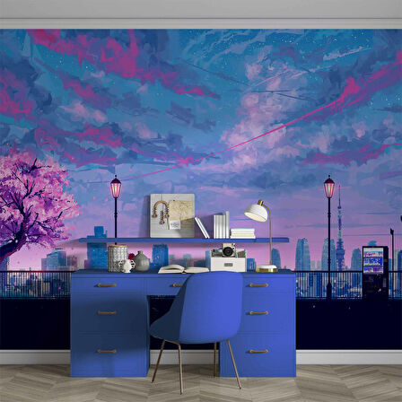 Dinlendirici Pembe Ağaç şehir çizimi Duvar Kağıdı