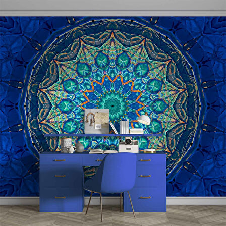 Mavi Franktal Etnik Motif Desenli Duvar Kağıdı