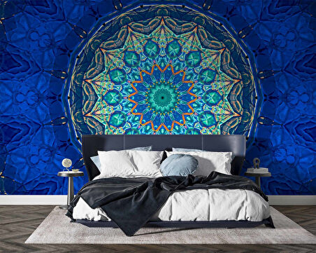 Mavi Franktal Etnik Motif Desenli Duvar Kağıdı