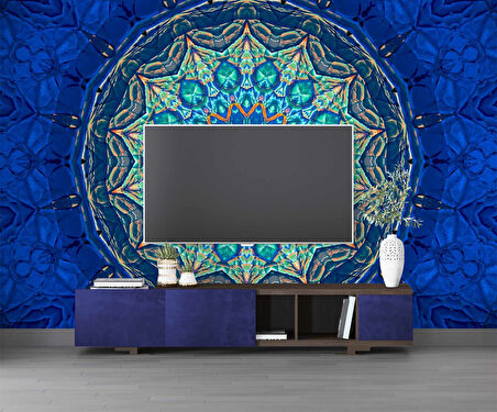 Mavi Franktal Etnik Motif Desenli Duvar Kağıdı