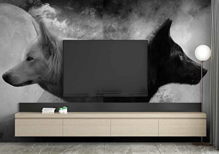 Siyah Beyaz Kurt Desenli Duvar Kağıtı