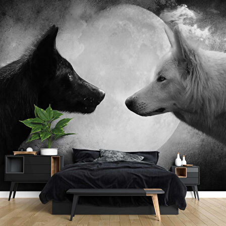 Siyah Beyaz Kurt Desenli Duvar Kağıtı