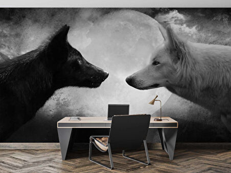 Siyah Beyaz Kurt Desenli Duvar Kağıtı