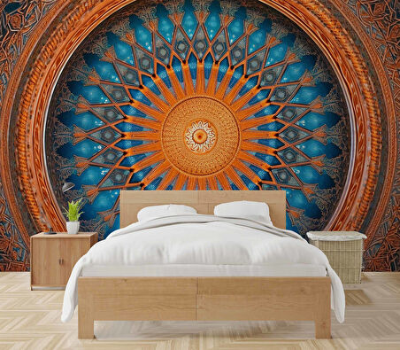 Turuncu Franktal Mandala Etnik Motif Duvar Kağıdı