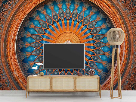 Turuncu Franktal Mandala Etnik Motif Duvar Kağıdı