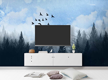 Suluboya Orman Kuş Manzara Duvar Kağıdı